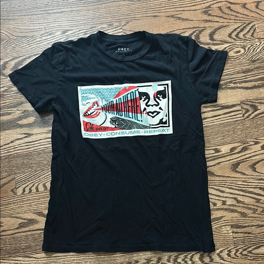 Obey Men’s Black Graphic Logo T-Shirt your ad here sale Sz S